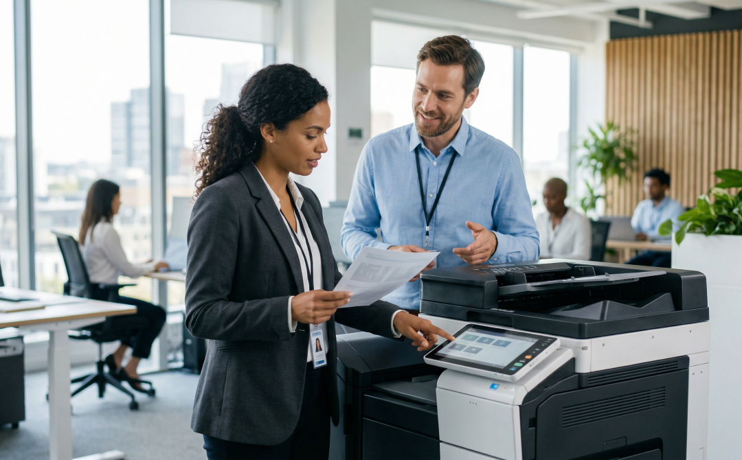 Deux collègues en tenue de bureau discutant devant un grand photocopieur multifonction professionnel moderne dans un espace de travail.